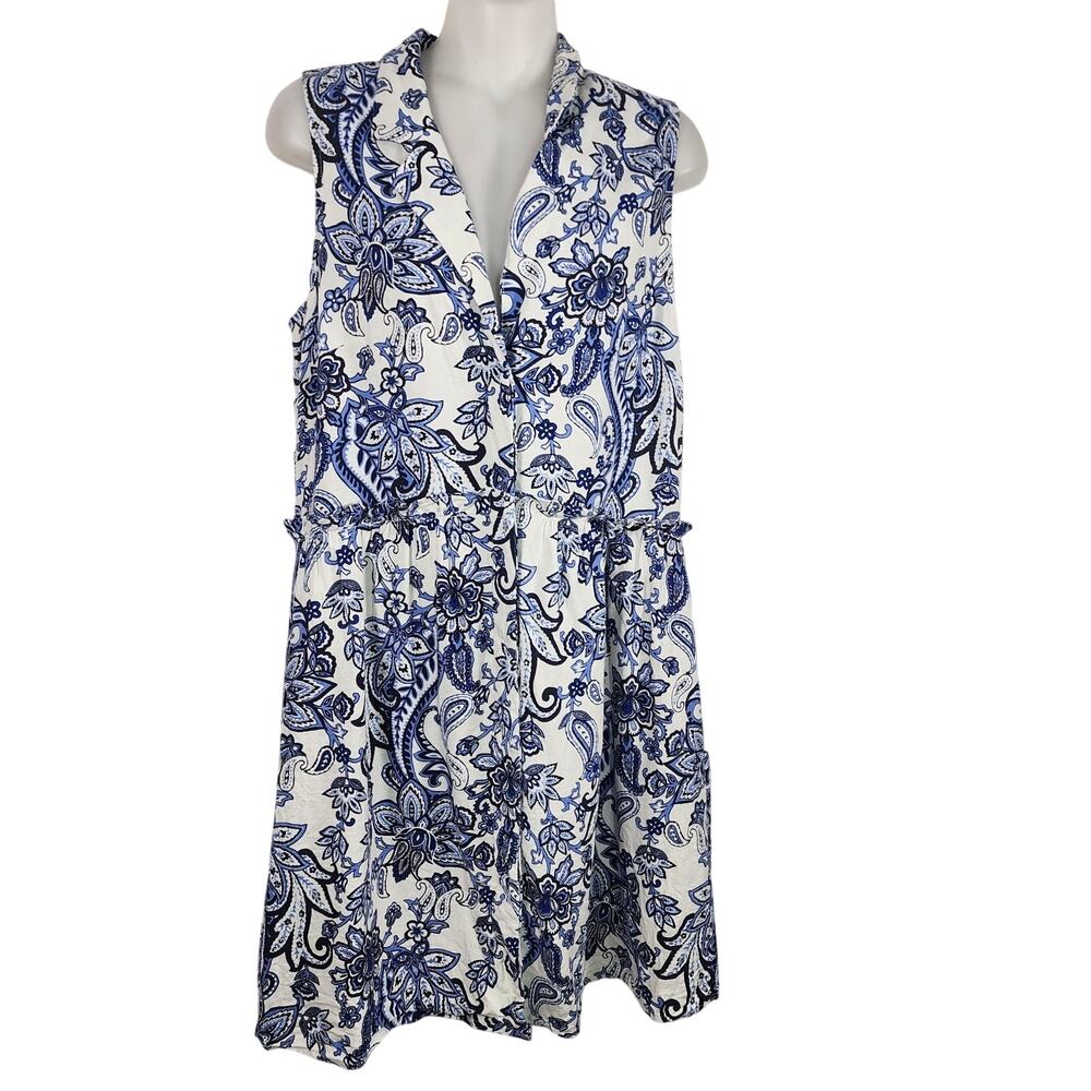 Eliza J Women Linen Blend Dress Notch Lapel Paisley Floral Blue Button Pocket 10